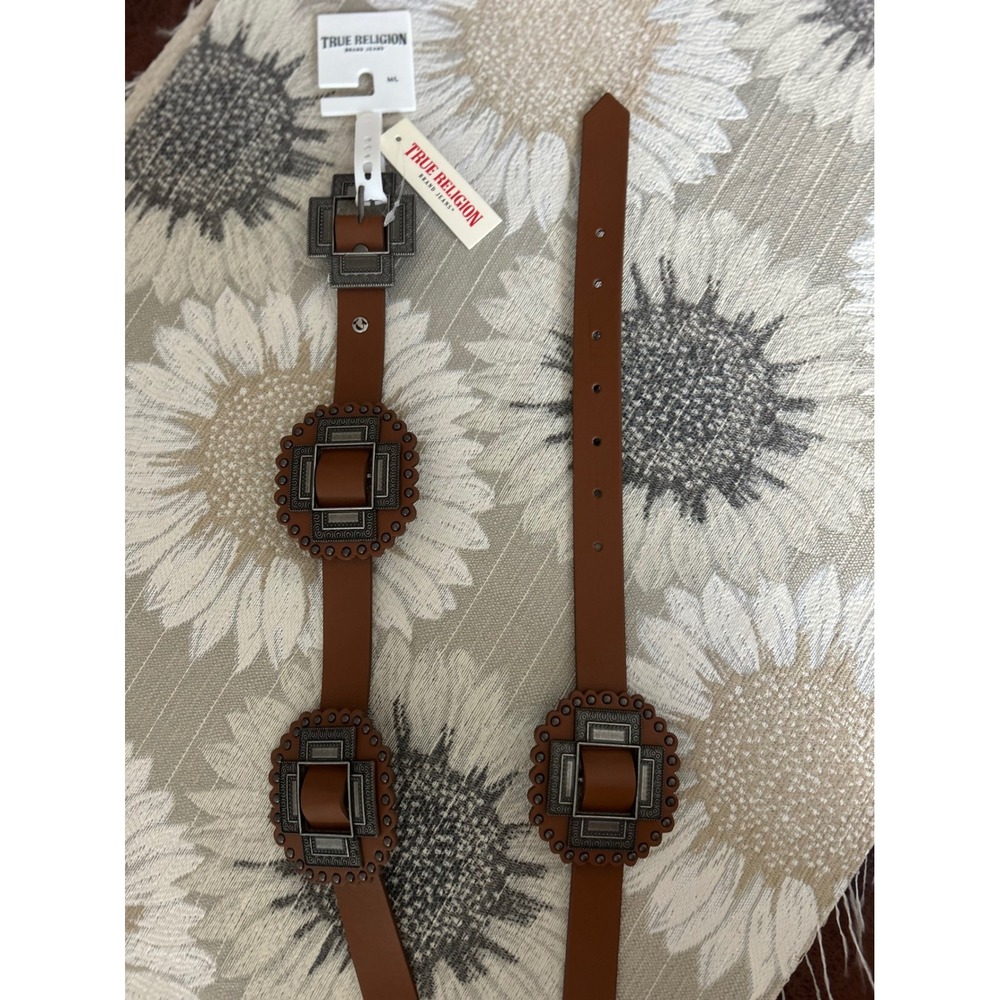True Religion Womens Western Cognac Brown Belt Ornate Silver Buckle Studded M/L